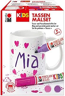 Marabu 0125000000101 - KiDS Porcelain & Glas Painter, zestaw do malowania filiżanek Mia, kreatywny zestaw dla dziewczynek z białą filiżanką i 2 pisakami do malowania porcelanowego w kolorze różowym i