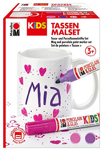 Marabu 0125000000101 Kids Porcelain & Glas Painter, Tazas Malset MIA, Set Creativo para niñas con una Taza Blanca y 2 rotuladores de Porcelana en Rosa y Lila