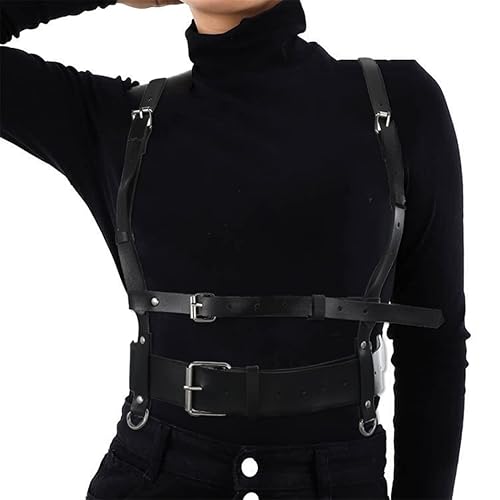 BODIY Punk Women Waist Belts PU Leather Fashion Body Chain Belt Circle Rave Halloween Accessories Belt Adjustable Gothic - Black-04