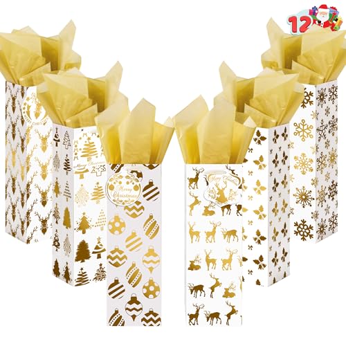 JOYIN 12 PCS Weihnachten Weinflasche Taschen Goldfolie mit Tissue-Papier und Namensschilder 6 Weihnachten drucken Designs für Winterurlaub Geschenk Party Favor Dekoration, Trinker Geschenk Geschenke