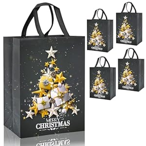 QRTDXP 4pcs Large Christmas Tote Bags for Presents,41 * 30 * 18cm Grey Xmas Gift Bags,Reusable Non-woven Bag with Christmas Tree Composed of Golden and Silver stars