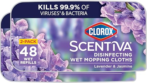Clorox Scentiva Disinfecting Wet Mop Pad, Disposable Mop Heads, Multi-Surface Floor Wipes, Lavender and Jasmine, 2 Packs, 24 Wet Refills Per Pack (Package May Vary)