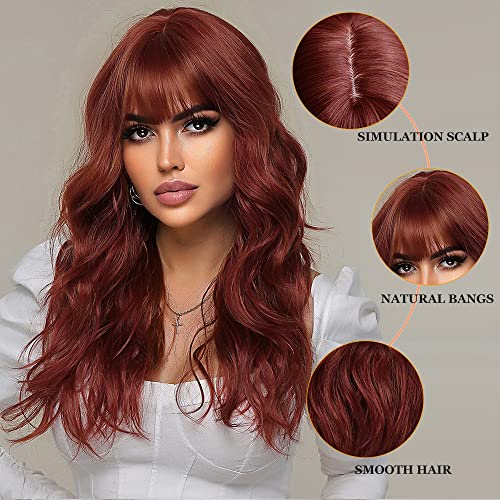 Esmee Long Wavy Copper Red Wig with Fringe for Women Natuaral Synthetic Hair Burgundy Wigs for Daily Party Cosplay Use-24 Inches - Image 2