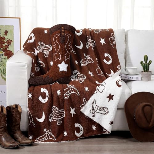 Western Cowboy Throw Blankets Pillow Set Include Brown Horse Shoes Cactus Beach Blanket 50 x 60 Inch and Cowboy Boot Plush Throw Pillows Cushion for Couch Sofa Bed Decoration - Image 6