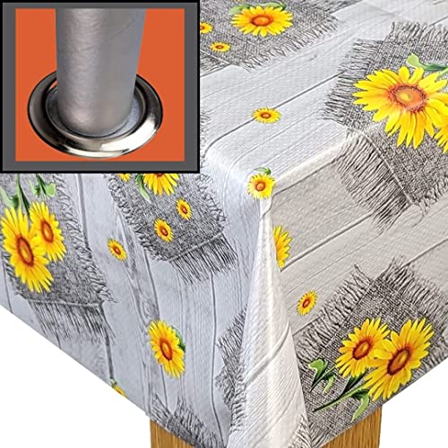 Karina Home Square Wipe Clean Garden Tablecloth with Parasol Hole Sunflower Wood Effect Grey 140cm x 140cm