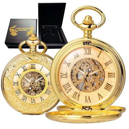 DerMacht Mechanical Black Gold Skeleton Pocket Watches with Antique Wooden