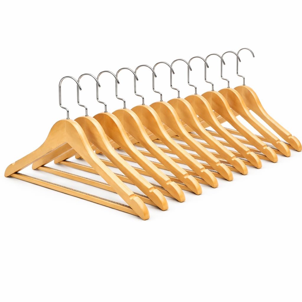 Thrink 20 Pack Heavy Duty Wooden Clothes Hangers Wide Shoulder Suit Hangers with Notches, Rotating Metal Hook, Anti Slip Trouser Bar, Slim Space Saving Design for Wardrobe Organisation - Natural