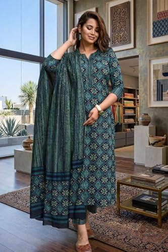 Image of Women Printed Cotton Kurta Pant Set with Dupatta | Straight Kurta Set for Women | Ethnic Wear Suit Set | 3 /4 Sleeve | Teal Green