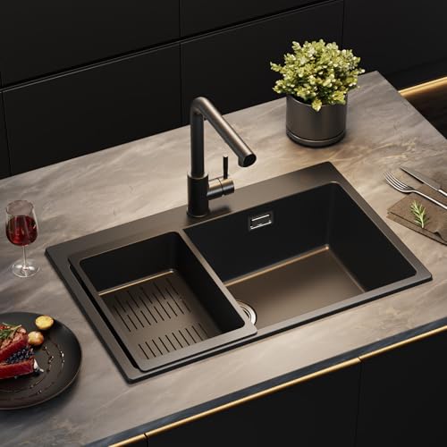 Sofetiy Lavello da Cucina in Granito Nero 70x45cm, Lavello Cucina Moderno Rettangolare, Set da Incasso con 2 Fori per Rubinetto, Lavabo da Cucina Nero, Lavello in Granito per Cucina