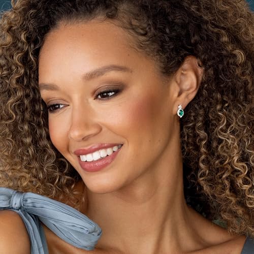 Women's & Ladies Sterling Silver Earrings W/Lab-Created (Lab-Grown) Oval Shaped Emeralds & White Sapphire Accents, Green Emerald Centerpiece W/Halo Of White Sapphire Sterling Silver Earrings For3