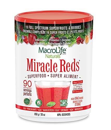 MacroLife Naturals Miracle Reds Superfood Supplements Powder Fruits & Berries, Antioxidants, Polyphenols, Enzymes, Probiotics – Raw, Non-GMO, Organic, Vegan, Gluten & Dairy Free – 850g (90 Servings)