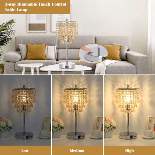 Usb Bedside Crystal Lamp, 3 Way Touch Control Table Lamp With 2 Usb Ports, Dimmable Nightstand Lamp With Amber Yellow Shade, Modern Decorative Lamp For Bedroom, Living Room, B11 6W Led Bulb Included #TOP2