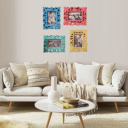 Image of Wooden Hand Carved Rectangular Photo Frame for Wall Mounted and Tabletops Display - 5x7 Inches Picture Frame - Wood Carving Decorative Home Decor Accessories Distressed Finish (Turquoise)