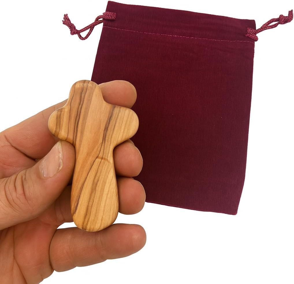 Zuluf Set of 25 Small Olive Wood Crosses 2.5" (6cm) – Fidget Wooden Cross, Gifts for Comfort, Catholic Confirmation Gifts for Adults, Pocket Prayer Crosses – With Bags & Certificates CRS121