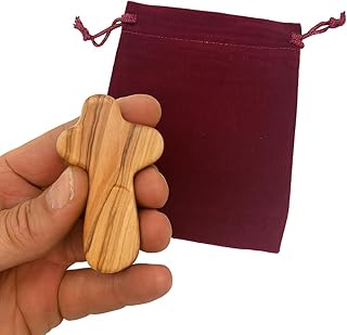 Zuluf Pocket Wooden Stress Jerusalem Cross 2.5" (6cm) – Ordination Gifts – Cruz de Madera de Olivo de Jerusalén – Tree Finger Cross with Velvet Bag CRS117