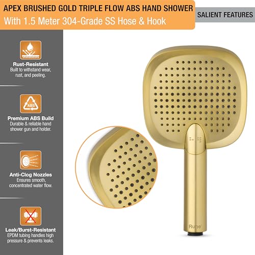 Image of Ruhe Apex Multi-Functional Triple-Flow Modes ABS Hand Shower with 1.5 Meter 304-Grade Stainless Steel Hose & Hook - Brushed Gold Finish