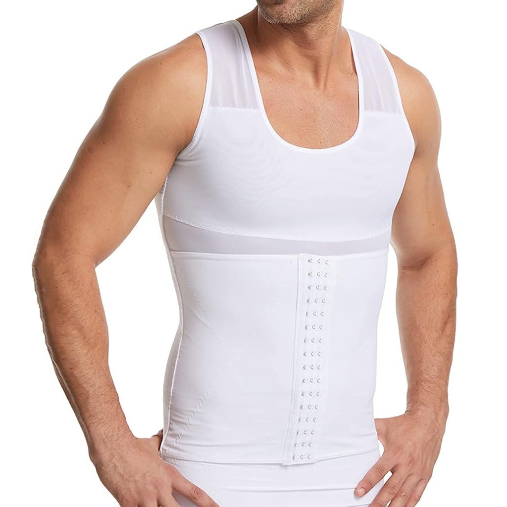 Men's Compression Shirt for Body Shaper Tummy Control Slimming Vest Bodysuit Tight Tummy Adjustable Shapewear (Color : White, Size : L)
