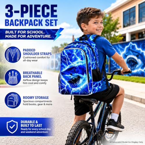 Image of 17 inch Shrak Backpack for Boy, 3Pcs Lightning Bookbag for Elementary Preschool Kindergarten, Kids School Thunder Backpacks with Lunch Box (Blue)