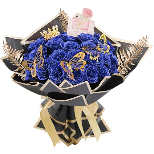 AIGOCITY 24 Pcs Glitter Roses Bouquet,Artificial Rose Bouquet,Sparkly Rose,DIY Fake Glitter Bouquets with Crown Card 3D Butterfly for Birthday Gifts Wedding Valentine's Day Mother's Day (Blue)