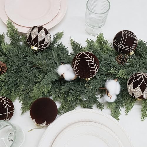 Image of 4IN Large Velvet Christmas Ornaments with Glitter, 9PCS Flocked Ornaments | brown velvet ornaments for christmas tree decorations set,hanging neutral felt flocked balls bulk plastic shatterproof