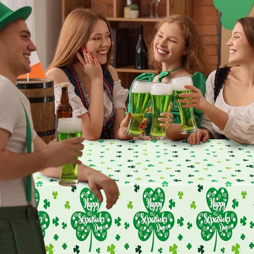 Image of QZYL 2 Pcs St Patricks Day Decorations, 108 inch X 54 inch Shamrock Decorations, Plastic Happy St. Patrick's Day Tablecloth, Shamrock Tablecovers, Disposable Rectangle Irish Green Table Cloth for Lucky Party