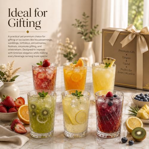 Image of bellemax 278 ML Checkered Design Water & Juice Glasses | Premium Drinking Glasses for Water, Juice, Cold Drinks & Beverages | Stylish Glass Tumblers for Home, Kitchen Set of 6