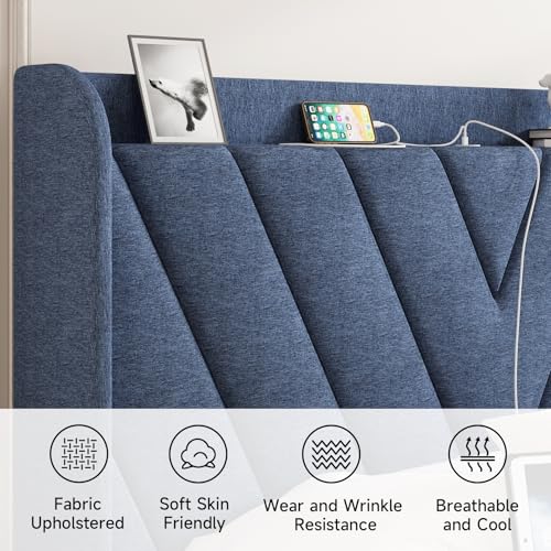 Image of koorlian Queen Bed Frame with Headboard, Adjustable Upholstered Platform Bed Frame with Type-C&USB Ports, Wingback Storage Headboard, Solid Wood Slats Support, No Box Spring Needed, Dark Blue