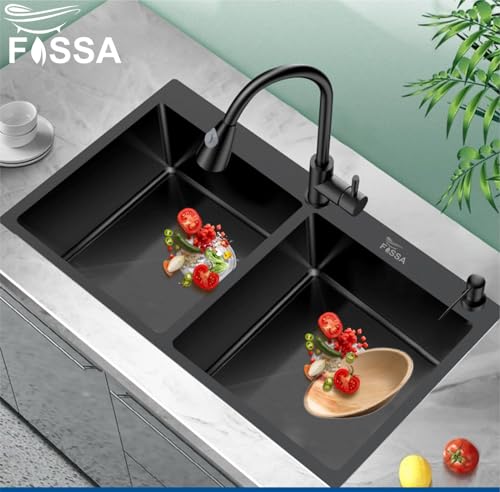 Image of Fossa 37 inchx18 inchx10 inch 5-Year Warranty Premium Stainless Steel Double Bowl Kitchen Sink with Tap Hole | with Drain Basket, Soap Dispenser & Drain Kit | Black (Matte Finish)