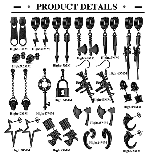Subiceto 16 Pairs Stainless Steel Punk Y2K Earrings Black Goth Earrings For Men Women Axe Bullet Head Arrow Skeleton Zipper Head Stud Goth Hoop Dangle Earrings Pack #TOP3