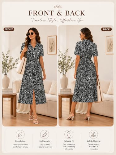 Image of BROVAVE Women's 2026 Summer Short Sleeve Work Dresses Tie Waist Button Down Animals Print Midi A-Line Shirt Dress