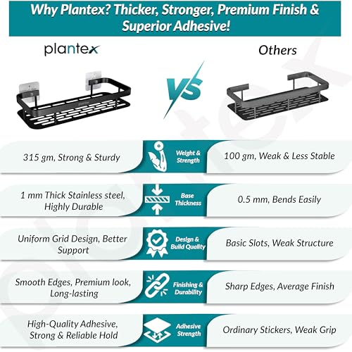 Image of Plantex Self Adhesive Bathroom Shelf /Bathroom Organiser Without Drill /Stainless Steel Bathroom Shelf Rack with Aluminium Railing /Kitchen Stand-Pack of 1(12x5 inch, Black)
