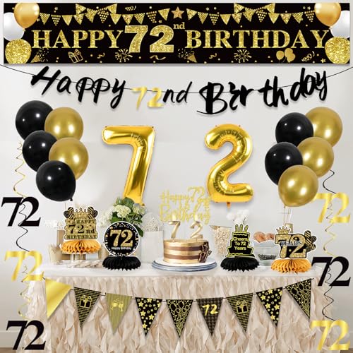 Image of 72nd Birthday Decorations for Men, Black Gold 72nd Party Decoration Kits