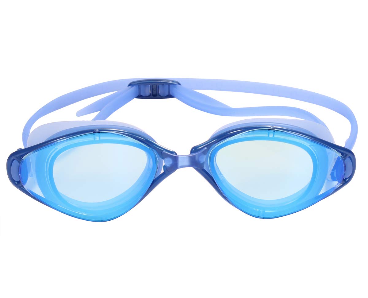 Poxas Lunettes de natation effet miroir, sans fuite, anti-buée, protection UV avec étui de protection gratuit pour adultes, hommes, femmes, enfants (verres miroir bleu/bleu)