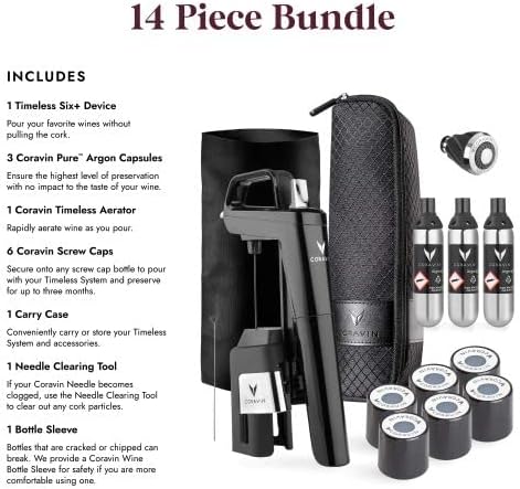 Coravin Timeless Six Plus Wine by the Glass System - Piano Black - Includes 3 Argon Gas Capsules, 1 Wine Aerator, 6 Screw Cap Replacements, and 1 Carrying Case