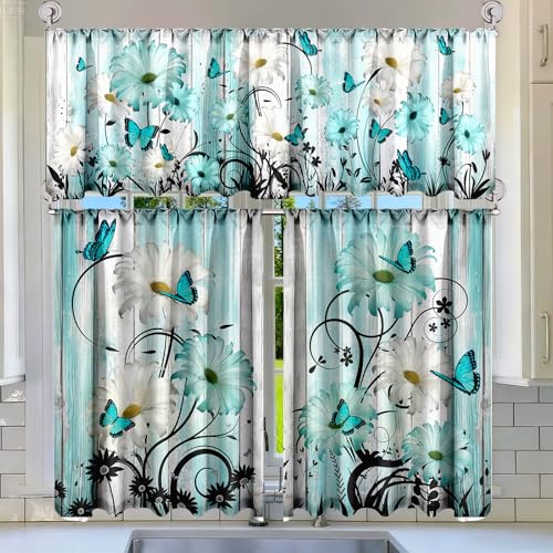 Breling 3-Piece Teal Daisy Kitchen Curtain Set