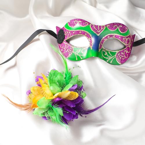 Zinniday Mardi Gras Mask for Women - 2025 Venetian Masquerade Feathers Masks with Yellow Purple Green Flower Mesh for Men Women Couples Evening Prom Ball Parade Party Carnival Costume Accessory - Thumbnail 4