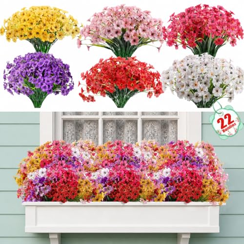 Powbrace 22 Pack Artificial Flowers for Outdoor Indoor Fake Plants, Faux Silk Flowers for Outdoors...