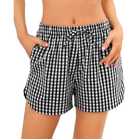 Vlazom Women's Sleep Shorts Cute Plaid Pajamas Shorts Soft Elastic Pajama Bottoms Boxer Shorts Sleepwear Black Size Medium Cover