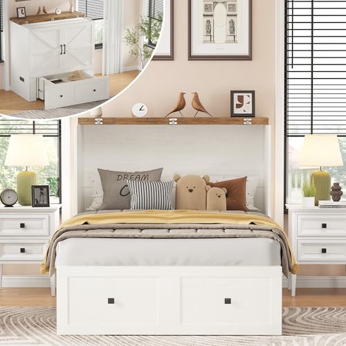 Image of AMERLIFE Twin Murphy Bed Cabinet with Charging Station and Storage Drawer, Farmhouse Foldable Platform Bed for Home Office, Apartment, Small Spaces, Distressed White