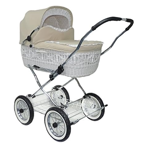 EICHHORN Weidenkorb Kinderwagen Korb Weiß Stoff Beige Cover