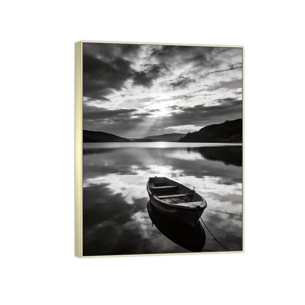 Lake Boat 6 Black White Landscape Canvas Picture 50x65cm Silver Frame