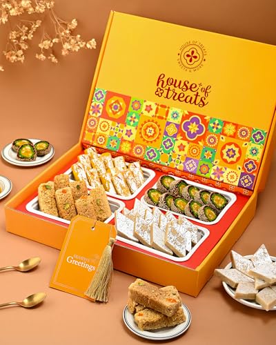 Image of House Of Treats Sweets Gifts Sweets Gift Pack Of 4 Kaju Katli MilkCake Anjeer Chakkar KesarRoll Sweet Gift Box