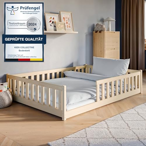 Kinderbett Bodenbett 140x200 cm Bett mit Matratze, Rausfallschutz & Lattenrost Montessori Bett Bed Gitterbett Kinder Jugendbett Einzelbett | Natur Kiefer Holz massiv Junge Mädchen
