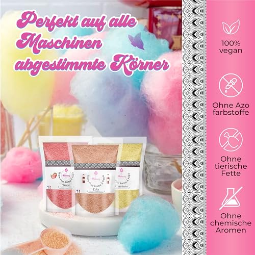 Misskandy®- Zuckerwatte Zucker 6X160Gr (Natürliche Aromen und Farben) Erdbeer-Cola -Piña Colada-Apfel-Marshmallow-Himbeere/Zuckerwattemaschine/ + 20 wiederverwendbare Sticks (kostenlos)… – Bild 5