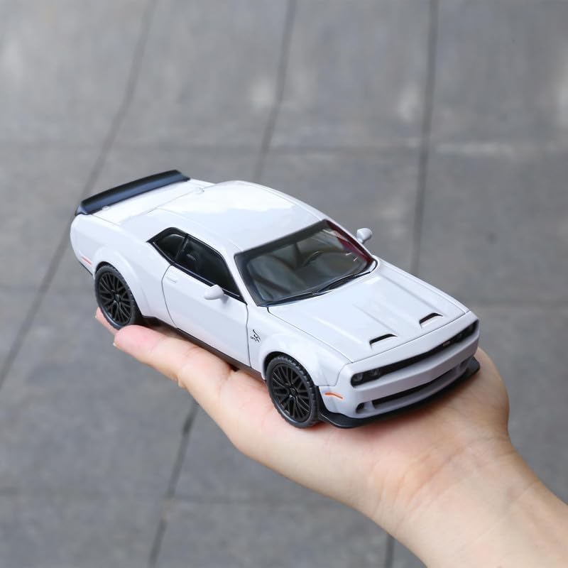 Image of WORSHIPER 1:24 Dodge Challenger SRT Exclusive Alloy Metal Pull Back Die-cast Car Model with Sound Light Mini Auto Toy for Kids for Toy Car with Sound and Light (1:24 Dodge Challenger - Grey)