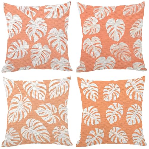 Housse de coussin extérieur 50x50 lot de 4 blanc à motif feuilles Z-66