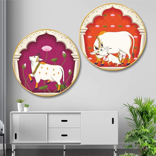 Image of SAF Livin'Luxe Premium Round Cow Wall Art For Living Room,Gau Mata Indian Traditional Golden Frame Painting,HD Print Sparkle Laminated Painting,Decorative Wall Frame For Home Temple Pooja Room 23 In