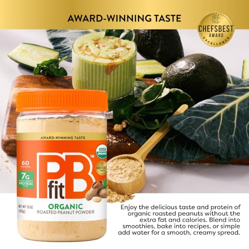 Image of PBfit 15 Ounce Organic Peanut Butter Powder, Powdered Peanut Spread from Real Roasted Pressed Peanuts, 7g of Protein 7% DV, Gluten-Free, 60 calories, 87% less fat (Pack of 1)