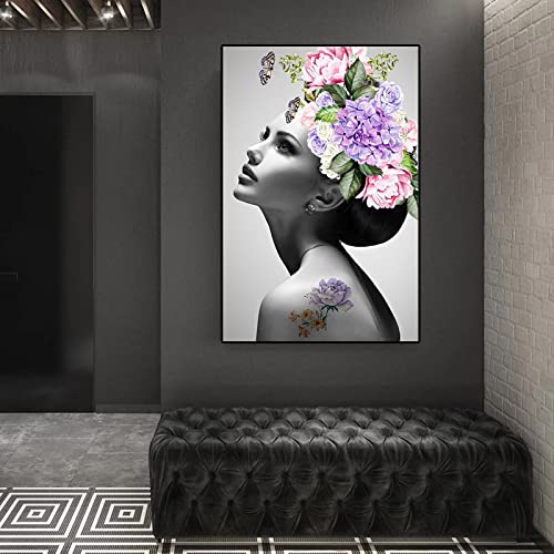 Peinture murale scandinave femme fleur pour un salon moderne et chaleureux