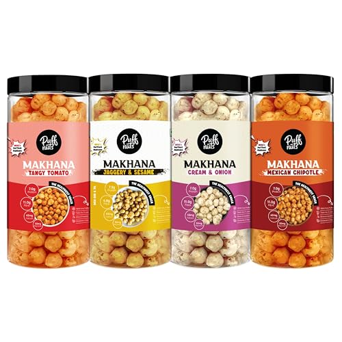 Image of Puffnuts COMBO of 4 Roasted and Flavoured Makhana | Healthy Snack | Namkeen Snacks | Puff Nuts | Gluten Free | Cholesterol Free | Protein Rich | Fiber Rich | With Calcium & Magnesium | Roasted in Olive Oil - 324g (Pack Of 4, Tangy Tomato, Jaggery & Sesame, Cream & Onion, Mexican Chipotle)